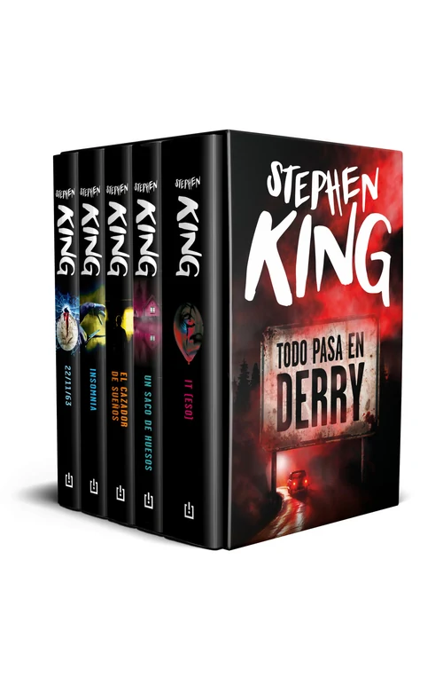 Portada de «Estuche Todo pasa en Derry (contiene: It | Un saco de huesos | El cazador de sueños | Insomnia | 22/11/63)», de Stephen King