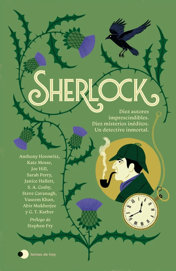 Portada de «Sherlock», de Stephen Fry, Abir Mukherjee, Anthony Horowitz, G. T. Karber, Janice Hallett, Joe Hill, Kate Mosse, Sarah Perry, Steve Cavanagh, Vaseem Khan